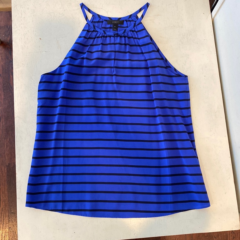 J Crew tank top; 100% silk top; sz 6; blue striped; perfect cond;discount ship